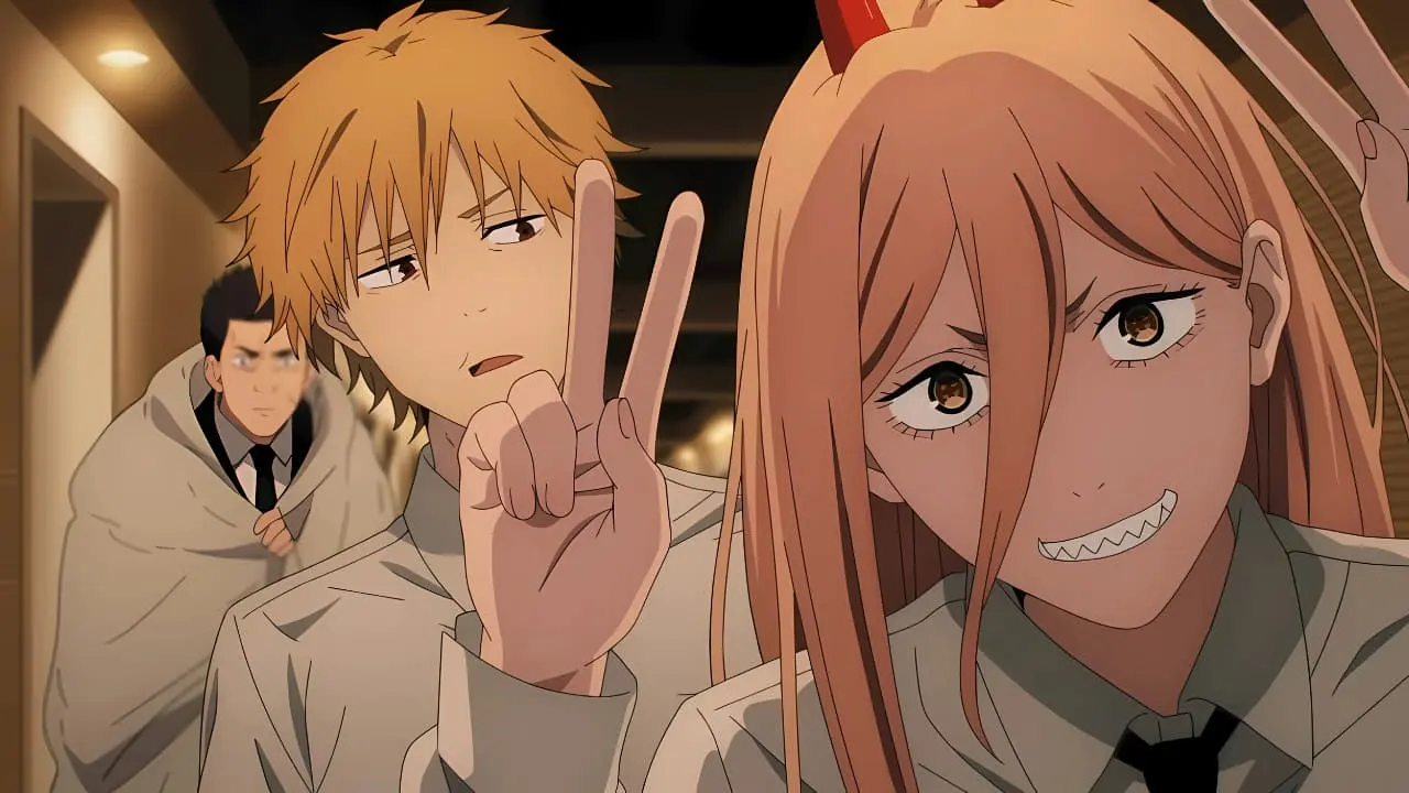 O trio principal, Denji, Power e Aki, em um raro momento de tranquilidade doméstica, comendo juntos.