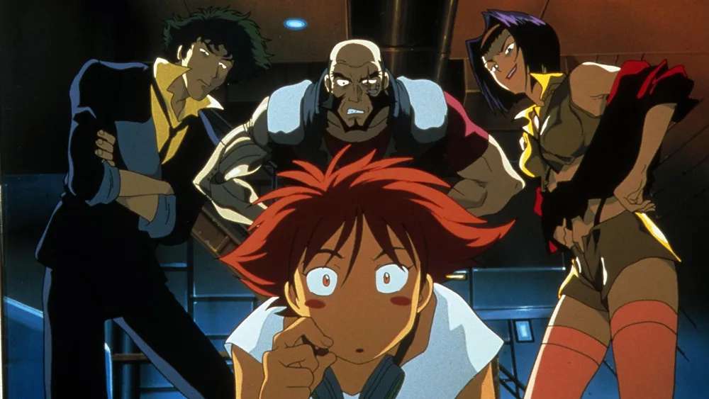 A tripulação da Bebop reunida, com Spike, Jet, Faye, Ed e Ein.