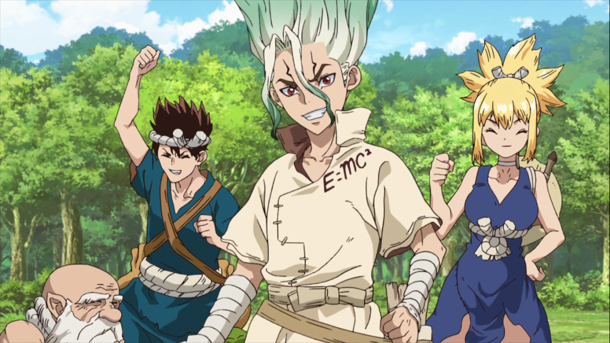 O Reino da Ciência reunido, com Senku, Chrome, Kohaku e outros personagens.