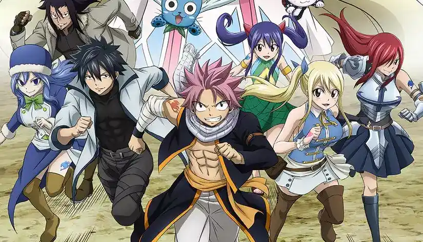 Toda a guilda Fairy Tail reunida, sorrindo e celebrando mais uma vitória.