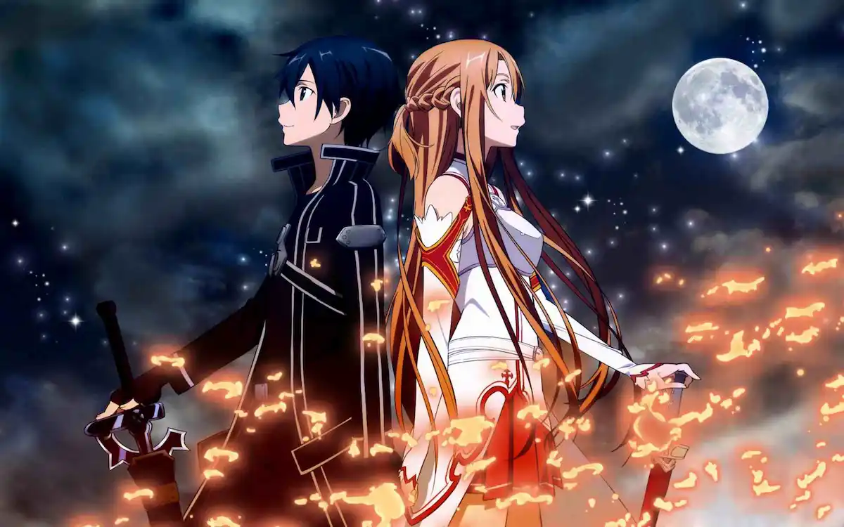 Kirito e Asuna em ação em Aincrad