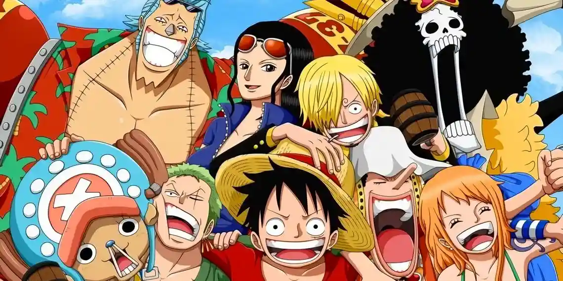 Imagem promocional de One Piece com Luffy sorrindo e sua tripulação ao fundo