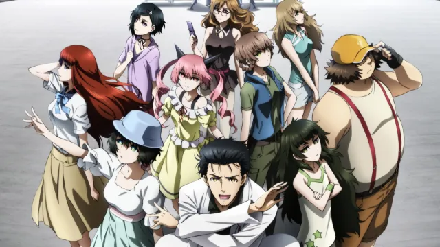 Okabe e Kurisu de costas um para o outro, sob um céu alaranjado, simbolizando despedida e esperança.