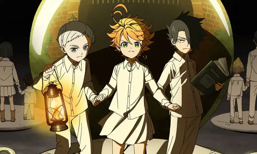 Imagem promocional de The Promised Neverland, com Emma, Norman e Ray