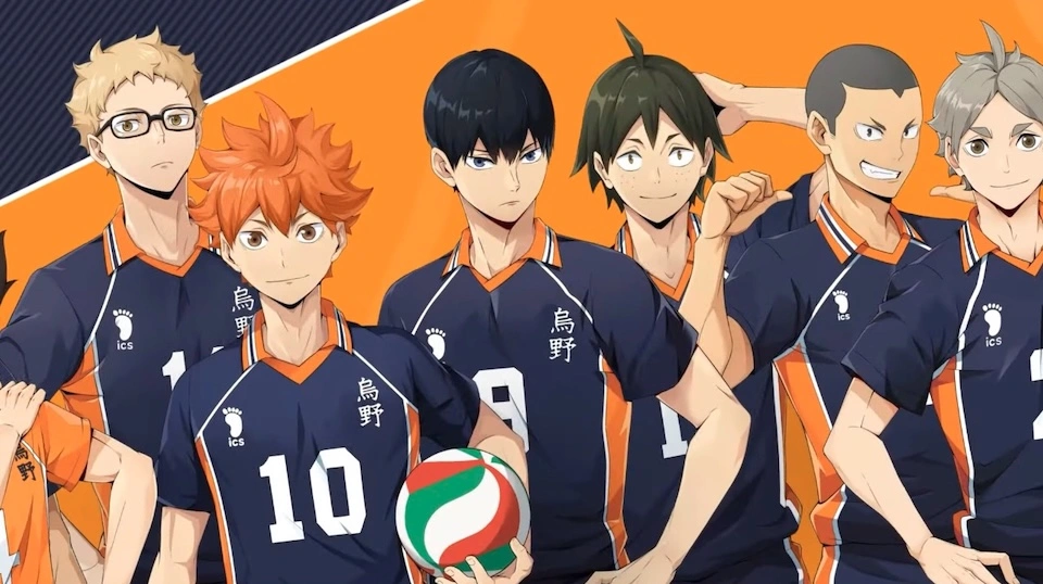 Arte promocional do jogo Haikyuu!! FLY HIGH, mostrando os personagens em seu estilo de arte do jogo.