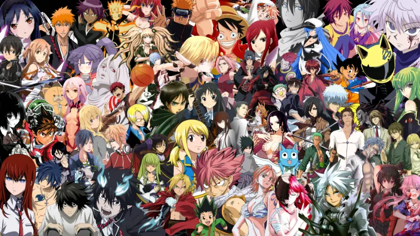 Uma colagem vibrante com personagens icônicos de diferentes animes, convidando ao universo da animação japonesa.