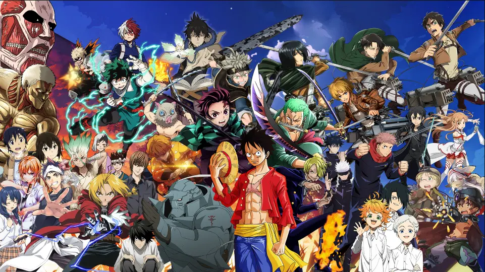 Cenas de quatro animes representando os quatro principais gêneros: shounen, shoujo, seinen e josei.