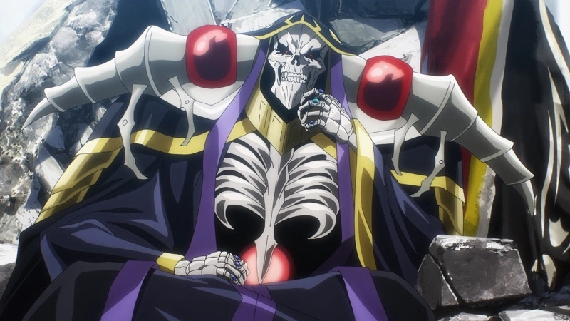 Ainz Ooal Gown sentado em seu trono na Grande Tumba de Nazarick, cercado por seus leais Guardiões de Andar.