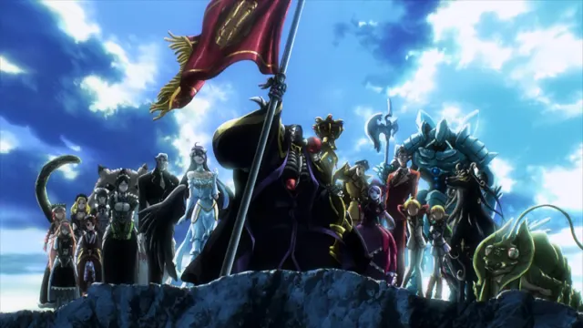Ainz em seu disfarce de aventureiro, Momon, o Herói Sombrio, ao lado de sua parceira Nabe.