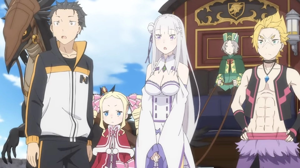 Subaru Natsuki olhando com determinação e desespero, com Emilia e Rem ao fundo em um cenário do Reino de Lugnica.